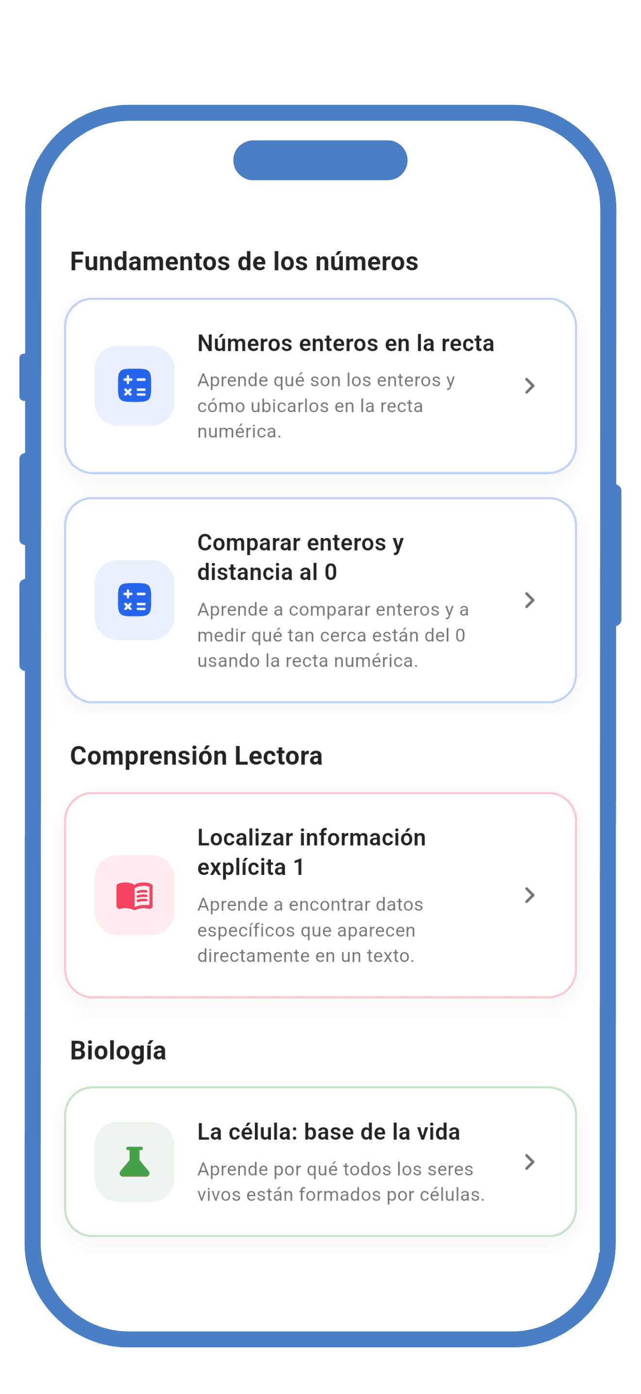 Pantalla de PAESLY con lista de lecciones